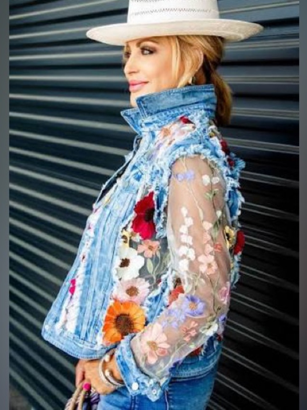 Adore | NWT  Denim Jacket 3D Multicolor Floral & Embroidery Sz L